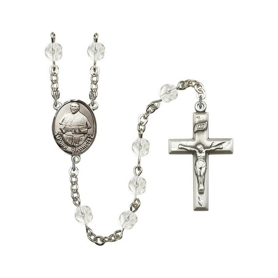 Pope Francis Silver-Plated Rosary 6mm April Crystal Fire Polished Beads Crucifix Size 1 3/8 x 3/4 medal charm