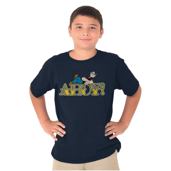 Popeye Ahoy Traditional Tattoo Font Crewneck T Shirts Boy Girl Teen Brisco Brands XS