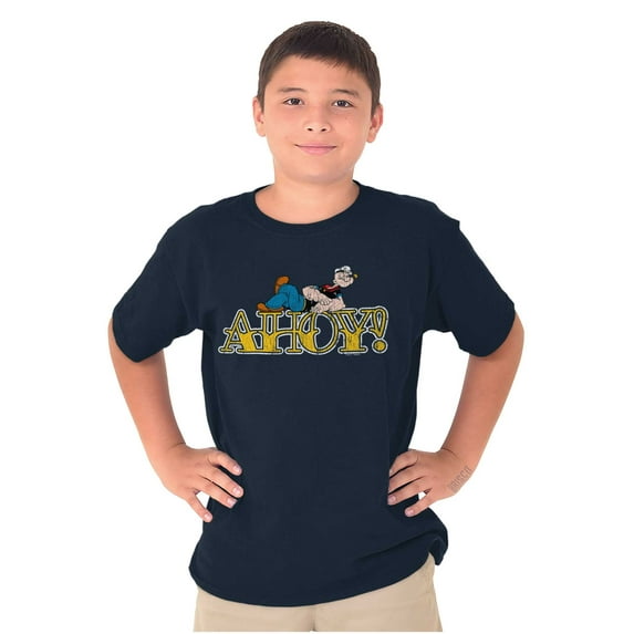 Popeye Ahoy Traditional Tattoo Font Crewneck T Shirts Boy Girl Teen Brisco Brands XS