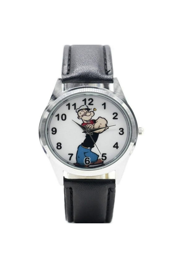 Popeye Cartoon Character Black Leather Band Wrist Watch