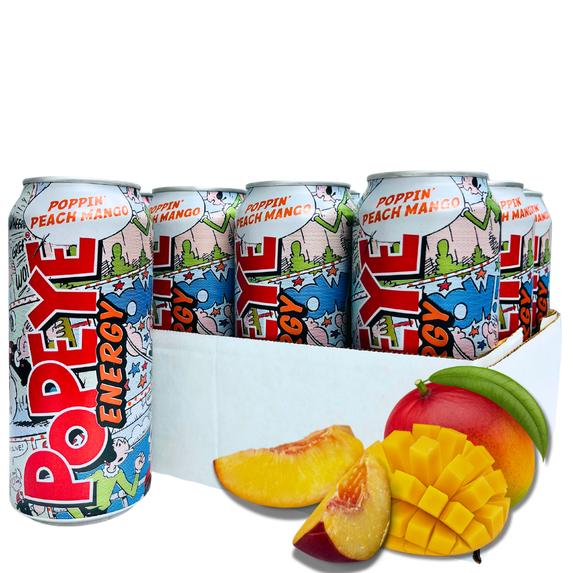 Popeye Energy, Poppin' Peach Mango, 16 fl oz, 12 Pack Cans