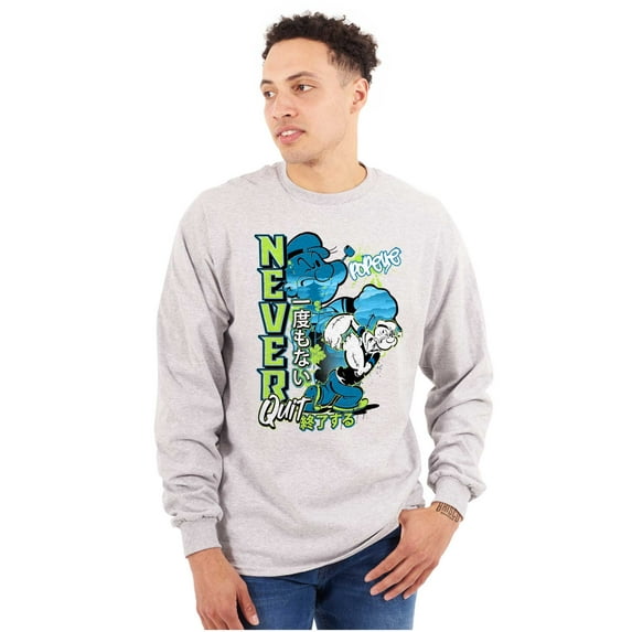 Popeye Never Quits Asian Inspired Men's Long Sleeve Tee T Shirt Brisco Brands L