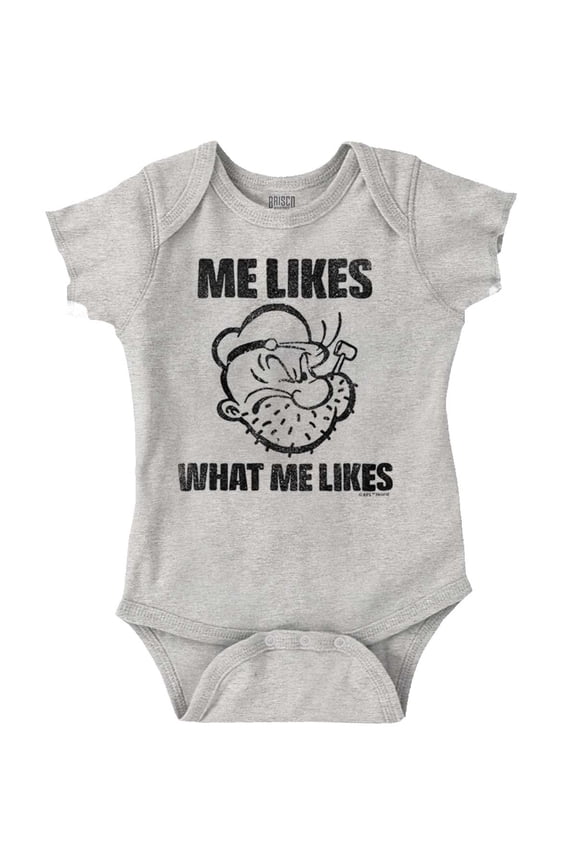 Popeye Quote What Me Likes Romper Boys or Girls Infant Baby Brisco Brands 12M