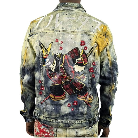 Popeye Samurai Distressed Stretch Denim Jean Jacket for Men with Printed Graphic X-Large