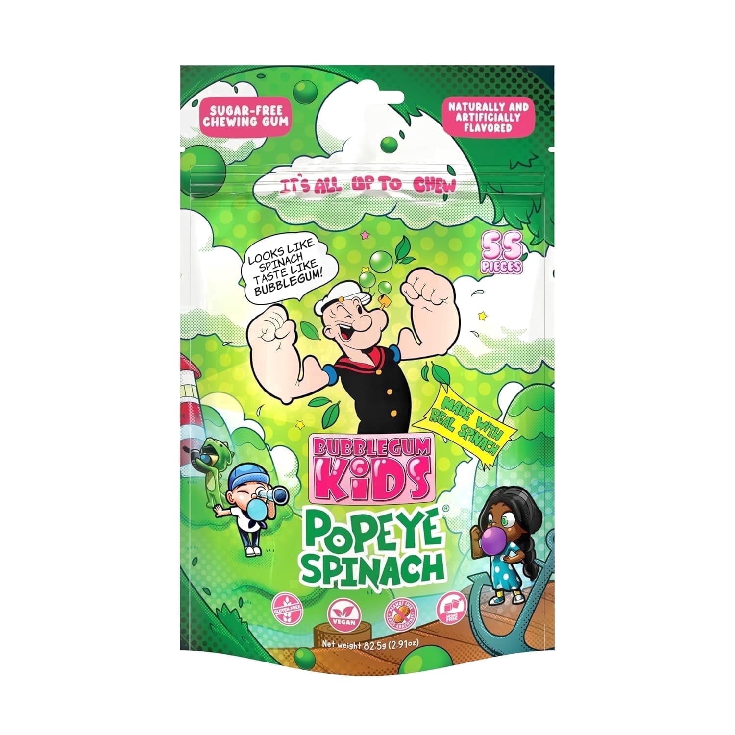 Bubblegum Kids Popeye’s Spinach Sugar Free Gum with Xylitol, Low Calorie Chewing Gum, Topical Fruit Flavor, 10-Pack (55 Count/Pack)