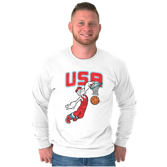Popeye USA Basketball Dunk Cartoon Men's Long Sleeve Tee T Shirt Brisco Brands S