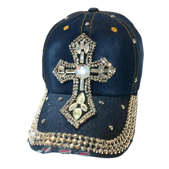Popfizzy Bedazzled Cross Hat for Women, Rhinestone Hat with Cross on It, Bling Christian Hats, Bling Gifts for Women Denim