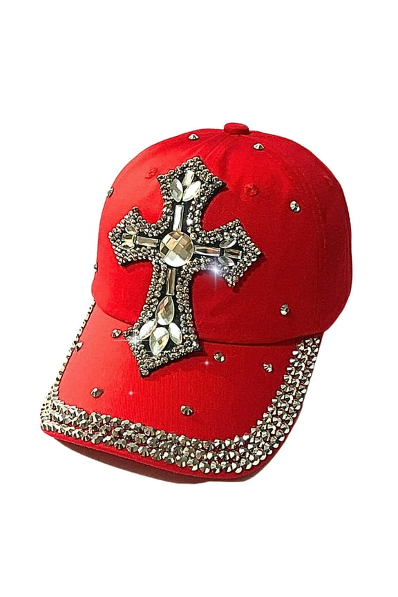 Bedazzled Cross Hat for Women, Rhinestone Hat with Cross on It, Bling Christian Hats, Bling Gifts for Women Red