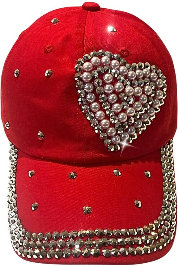 Bling Red Pearl Heart Hat for Women, Adult Hat, Cotton