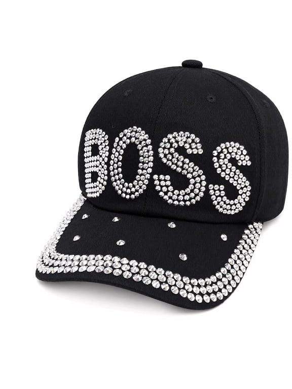 Boss Hat for Women and Girls, Cute Adult Bedazzled Hats, Bling Girl Boss Baseball Cap, Adjustable Ballcap, Black