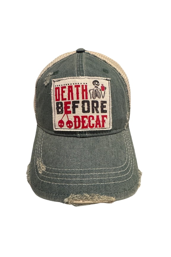 Death Before Coffee Trucker Hats for Men and Women, Funny Coffee Drinker Gifts, Distressed Vintage Adult Humor Caps