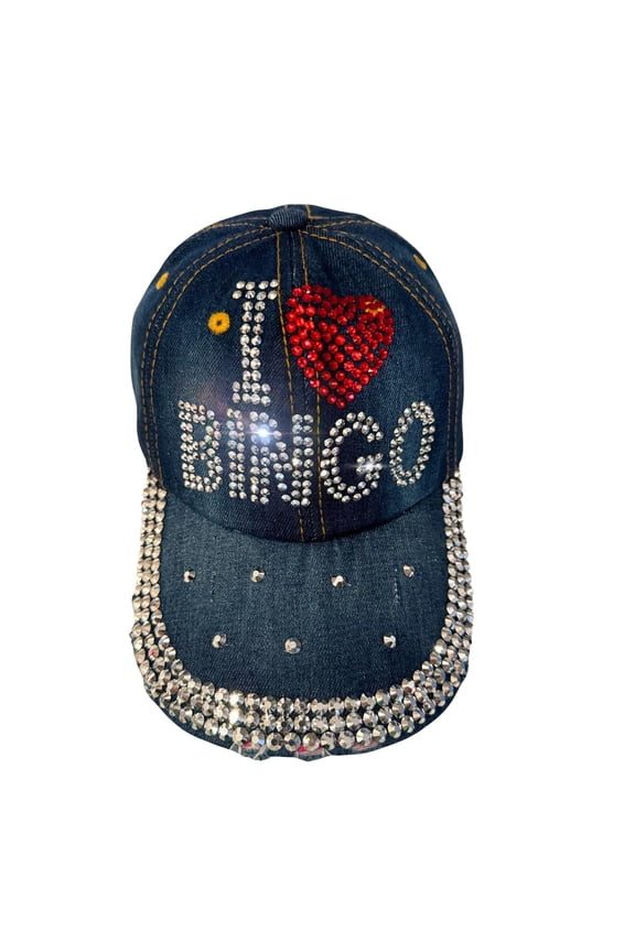 I Love Bingo Hat for Women, Adult Bedazzled Rhinestone Hats, Bling Bingo Gifts, One Size, Denim Blue