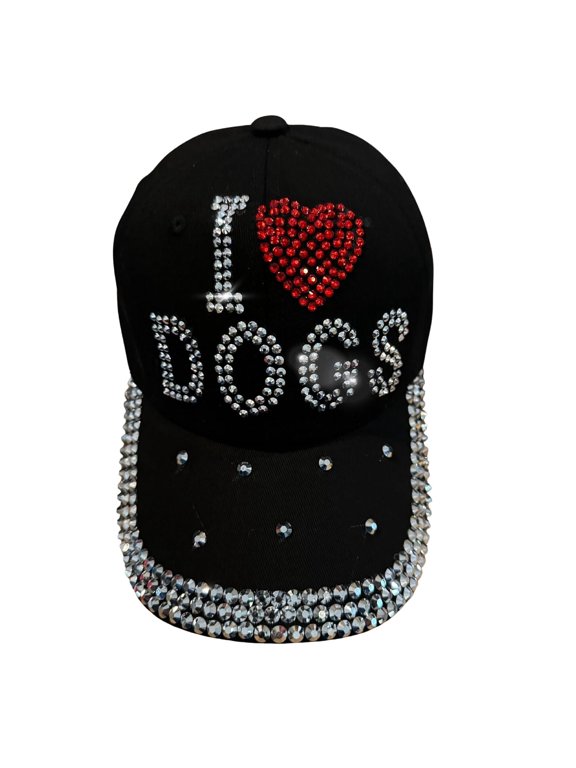 I Love Dogs Hat for Women, Handmade Dog Mom Hat, Bling Gifts for Dog Lovers, Bedazzled Adult Black Baseball Cap