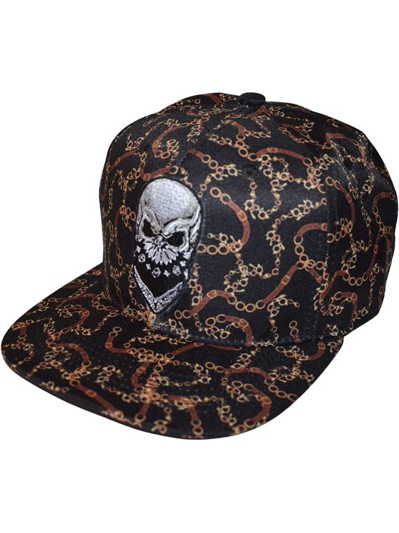 Mens Skull Hat, Flatbill Skull Baseball Cap with Chains,