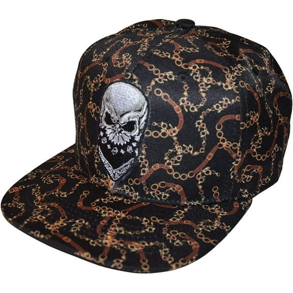 Popfizzy Mens Skull Hat, Flatbill Skull Baseball Cap with Chains,