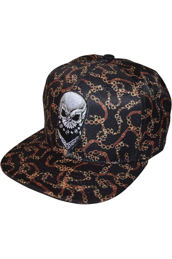 Mens Skull Hat, Flatbill Skull Baseball Cap with Chains,
