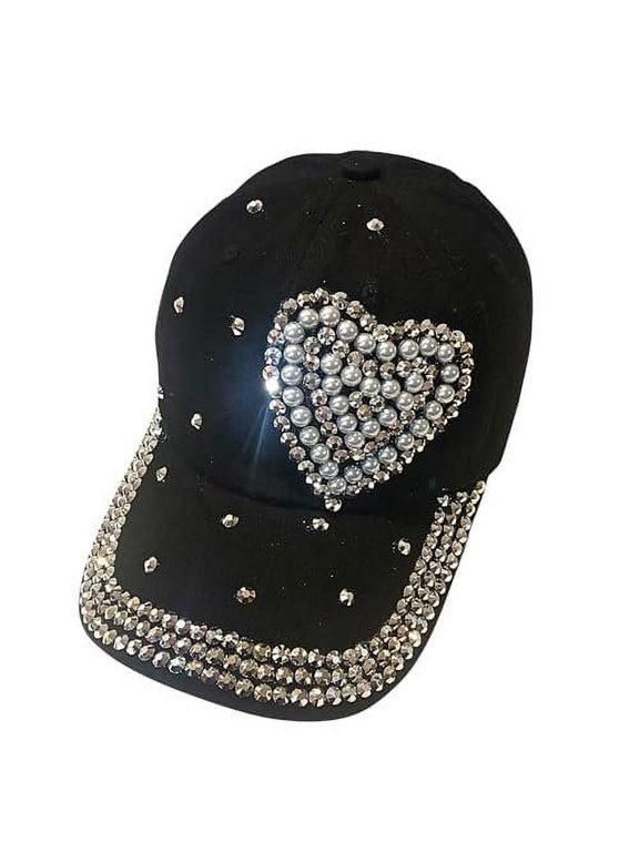 Pearl Heart Hat with Rhinestones for Women, Bling Heart Accessories, Bedazzled Baseball Cap, Bling Gifts for Women