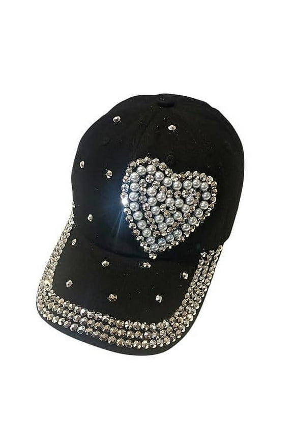 Pearl Heart Hat with Rhinestones for Women, Bling Heart Accessories, Bedazzled Baseball Cap, Bling Gifts for Women
