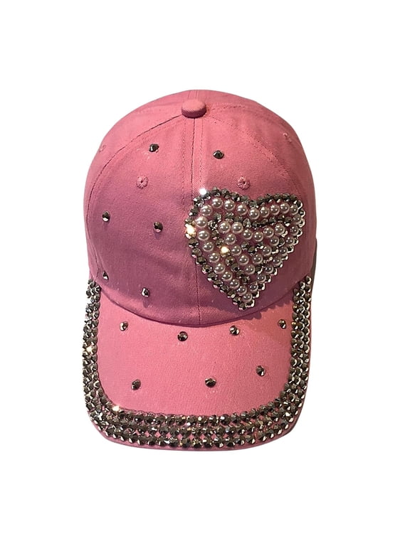 Pearl Heart Hat with Rhinestones for Women, Bling Heart Accessories, Bedazzled Baseball Cap, Bling Gifts for Women