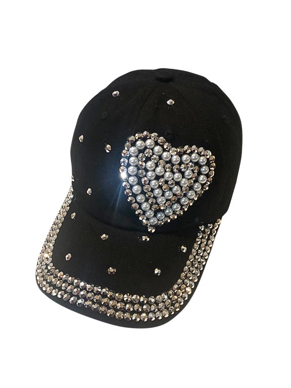 Pearl Heart Rhinestone Hat for Women, Bling Hats, Heart Accessories, Bedazzled Baseball Cap, Bling Gifts for Women
