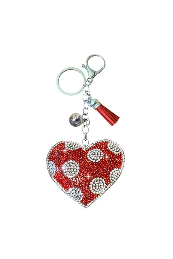 Red Heart Keychains for Women and Girls, Bedazzled Polka Dot Purse Charm, Bling Backpack Accessories, Heart Gifts