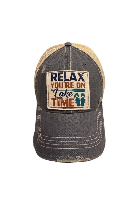 Relax You're on Lake Time Hat, Vintage Trucker Hat, Mesh Back Baseball Cap, Lake Life Gifts for Women and Men Navy