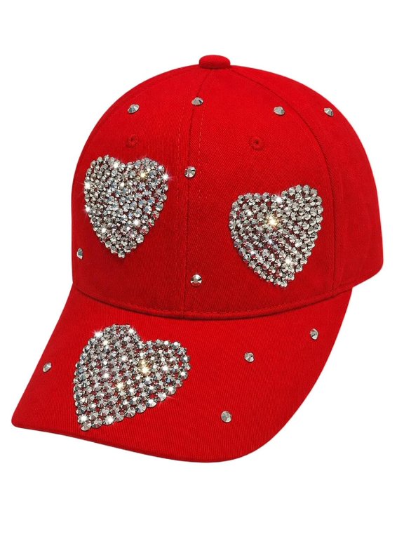 Rhinestone Baseball Cap for Women and Girls, Cute Bedazzled Hats, Shiny Bling Denim and Diamond Hat, Red Heart