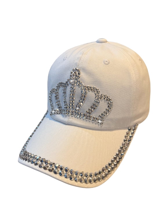 Rhinestone Princess Crown Hat for Women and Girls, Bling Princess Baseball Cap, Bedazzled Hat, Adjustable, White