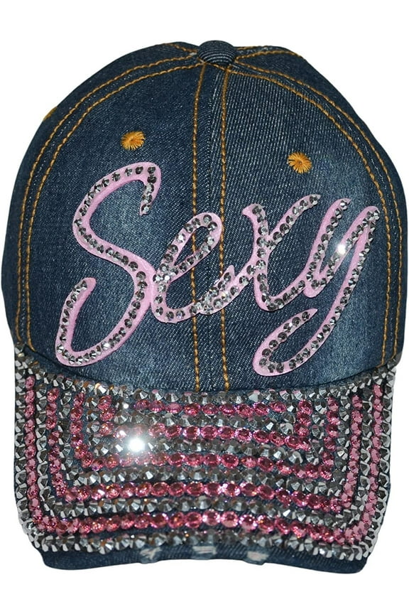 Rhinestone Sexy Hat for Women, Bling Denim Baseball Cap with Words, Fancy Ballcap