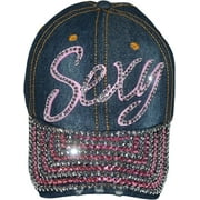 Popfizzy Rhinestone Sexy Hat for Women, Bling Denim Baseball Cap with Words, Fancy Ballcap