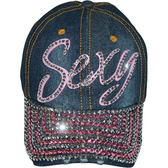 Popfizzy Rhinestone Sexy Hat for Women, Bling Denim Baseball Cap with Words, Fancy Ballcap