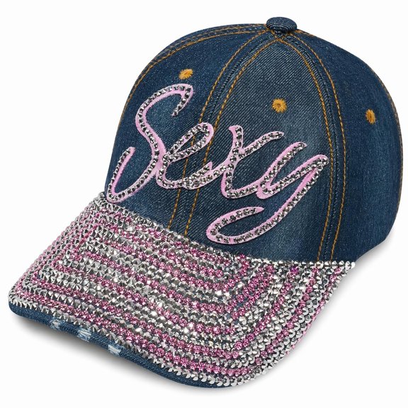 Popfizzy Rhinestone Sexy Hat for Women, Bling Denim Baseball Cap with Words, Fancy Ballcap