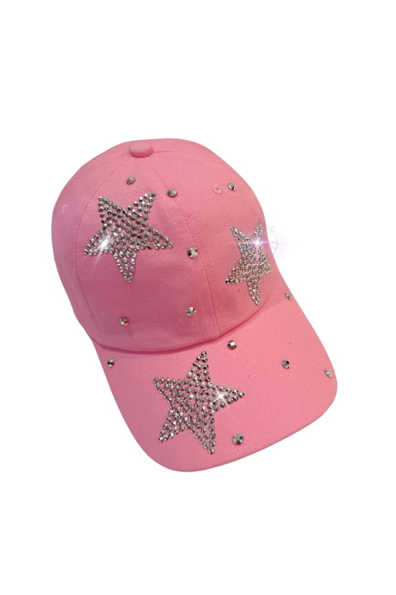 Rhinestone Star Hat, Handmade Bedazzled Baseball Cap for Women, Cute Bling Triple Star Sparkle Diamond Hat, Pink