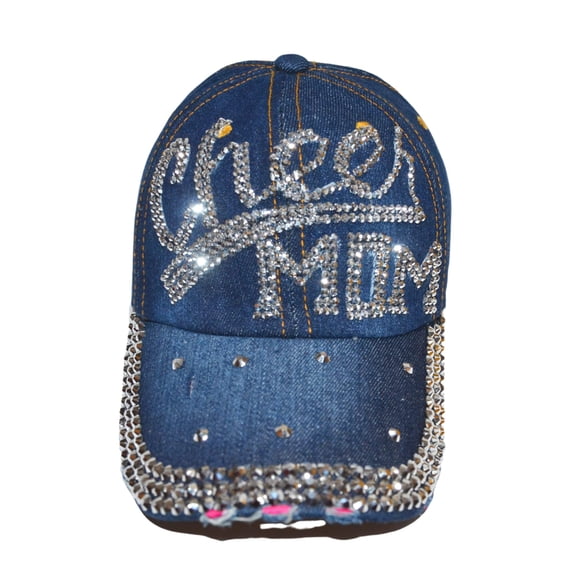 Popfizzy Womens Cheer Mom Hat, Bling Blue Denim Adult Baseball Hat