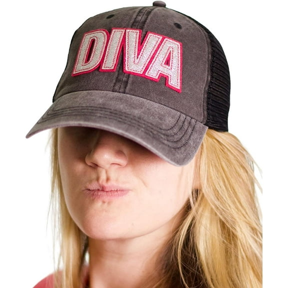 Popfizzy Womens Diva Baseball Caps, Bling Trucker Hat, Girls Baseball Cap with Sayings, Fancy Sparkle Ballcap, Adjustable Snapback Low Profile Hats Silver, Black