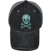 Popfizzy Womens Skull Baseball Caps, Trucker Hat, Girls Skull Cap, Jolly Roger Ballcap, Adjustable Snapback Teal, Black