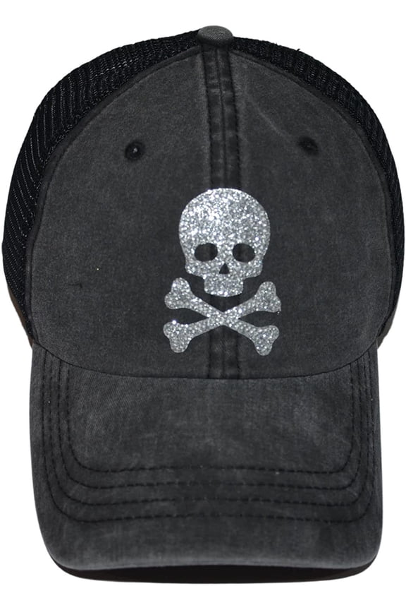Womens Skull Hat, Trucker Hat, Girls Trendy Skull Baseball Cap, Adjustable Snapback Low Profile Hats Silver, Black