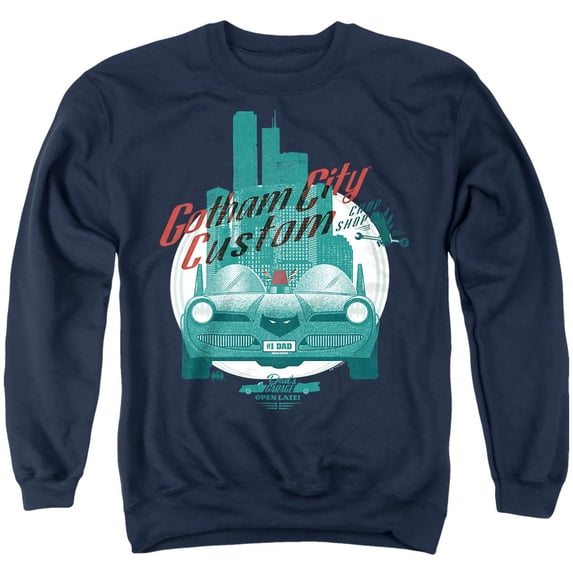 Popfunk Batman Father's Day Dad's Garage GOTHAM CITY Chop Shop Unisex Adult Crewneck Sweatshirt, Navy, Small