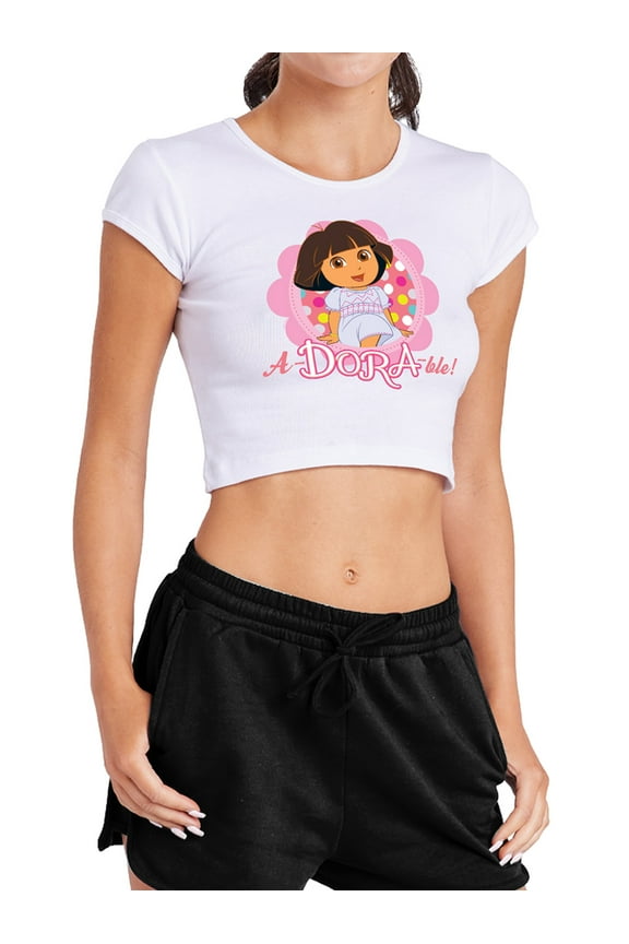Popfunk Dora The Explorer A-Dora-Ble! Women's Cap Sleeve Baby Rib Crop Top, White, Large