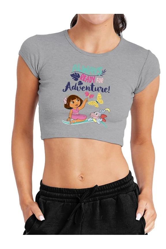 Popfunk Dora The Explorer Always Ready For Adventure Women's Cap Sleeve Baby Rib Crop Top, Athletic Heather, Large