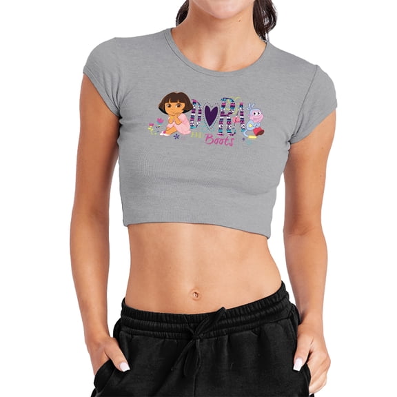 Popfunk Dora The Explorer And Boots Women's Cap Sleeve Baby Rib Crop Top, Athletic Heather, Small