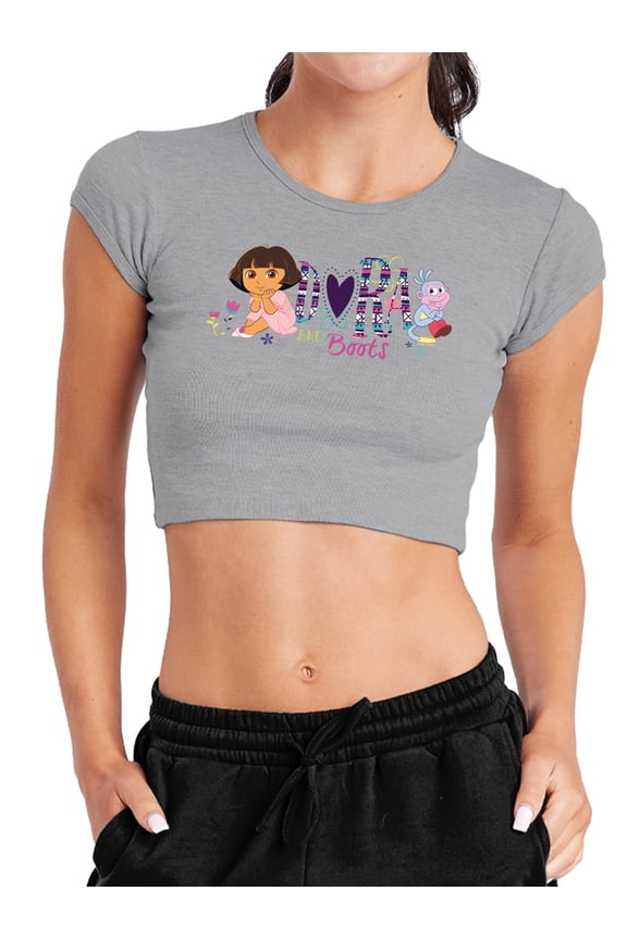 Popfunk Dora The Explorer And Boots Women's Cap Sleeve Baby Rib Crop Top, Athletic Heather, Small