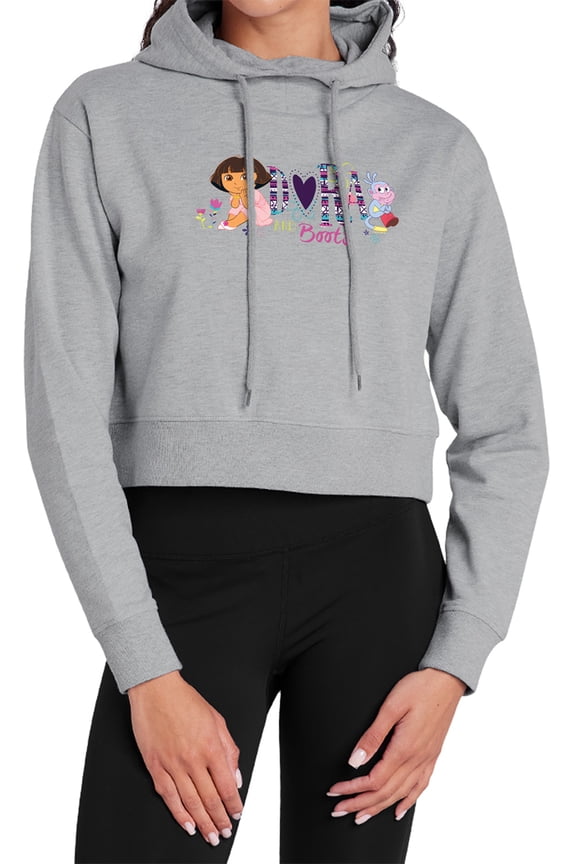 Popfunk Dora The Explorer And Boots Women's Cropped Hoodie Pullover Sweatshirt, Athletic Heather, 2X-Large