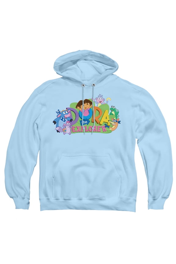 Popfunk Dora The Explorer Classic Logo With Boots And Swiper Adult Pull-Over Hoodie, Light Blue, Small