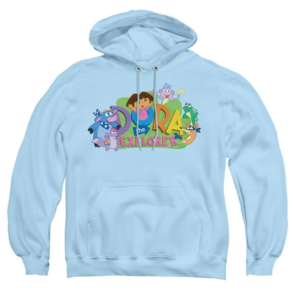Popfunk Dora The Explorer Classic Logo With Boots And Swiper Adult Pull-Over Hoodie, Light Blue, X-Large