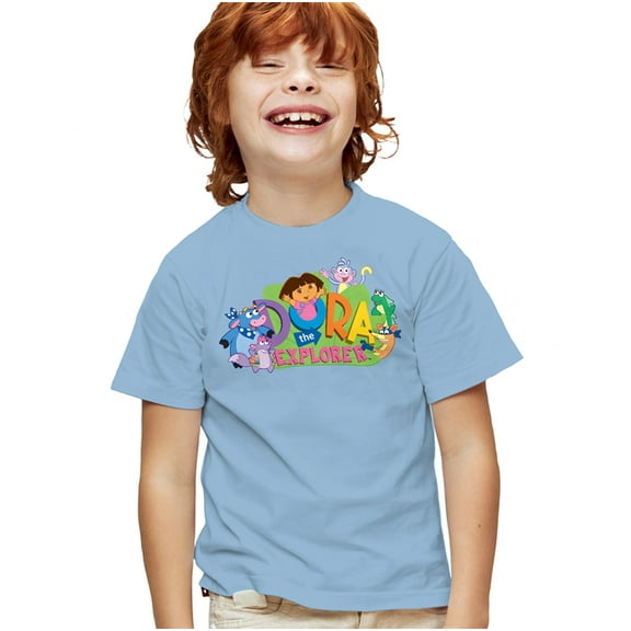 Popfunk Dora The Explorer Classic Logo With Boots And Swiper Kids T Shirt for Youth Boys and Girls, Light Blue, Small