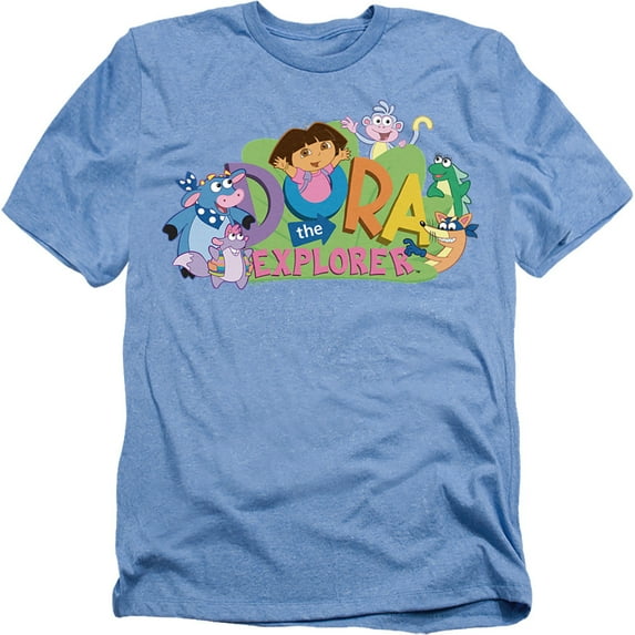 Popfunk Dora The Explorer Classic Logo With Boots And Swiper Unisex Adult Heather T Shirt, Light Blue Heather, Medium