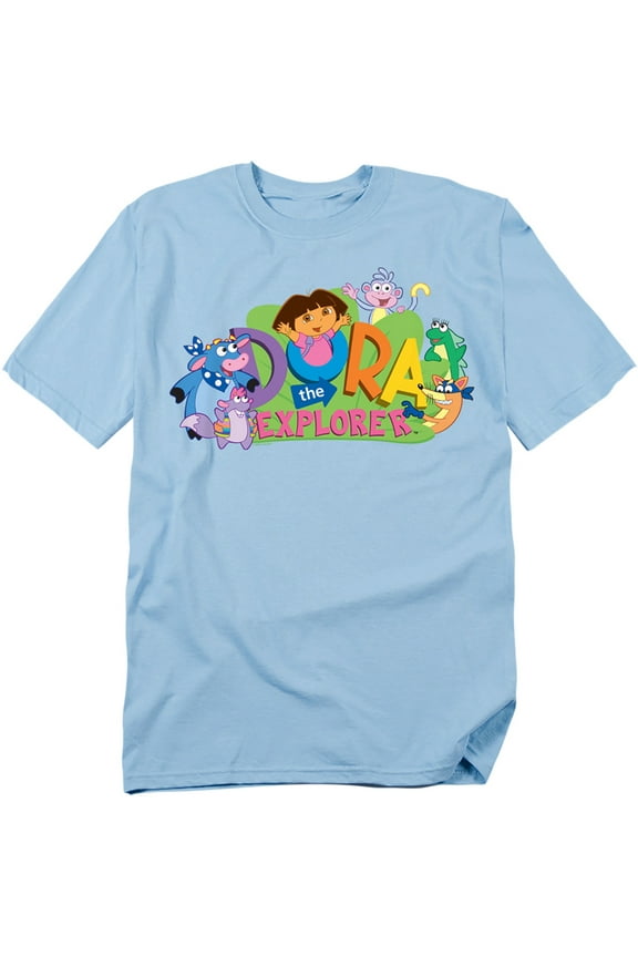 Popfunk Dora The Explorer Classic Logo With Boots And Swiper Unisex Adult T Shirt, Light Blue, Medium