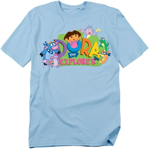 Popfunk Dora The Explorer Classic Logo With Boots And Swiper Unisex Adult T Shirt, Light Blue, Small