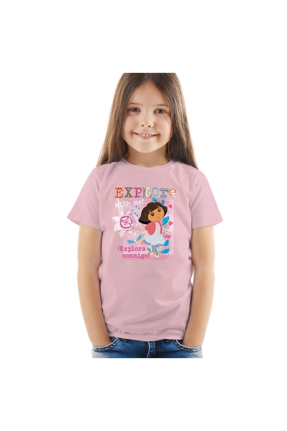 Popfunk Dora The Explorer Explore With Me! Textured Design Kids T Shirt (4) for Toddler Boys and Girls, Pink